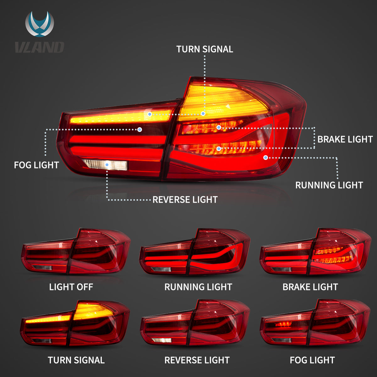 Vland LED Tail Lights With Sequential Amber Turn Signal for 12-19 BMW 3 Series (F30 & F80)